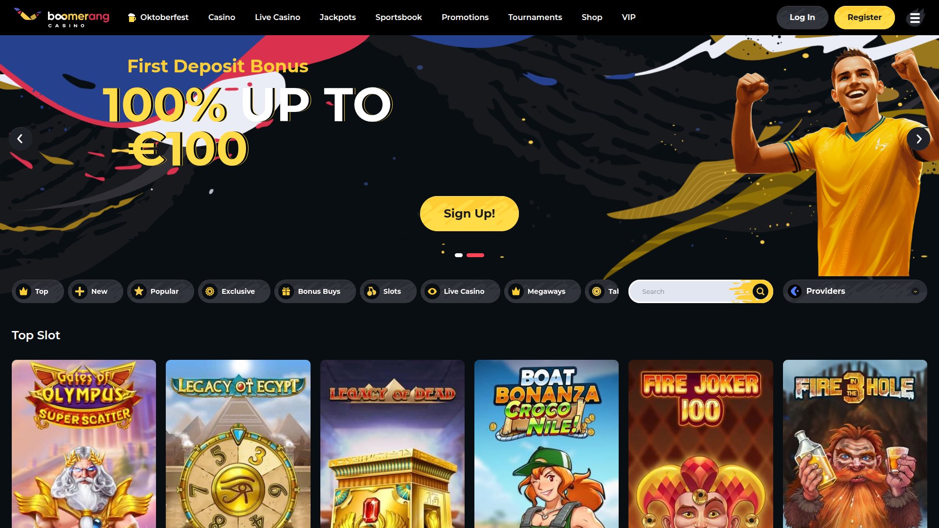 Page d’accueil sur ordinateur de Boomerang Casino