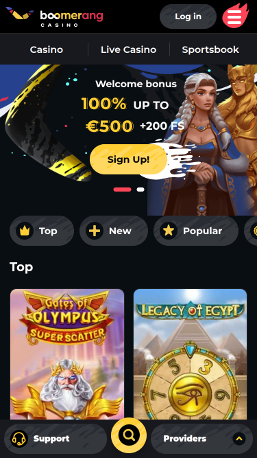 Page d’accueil mobile de Boomerang Casino