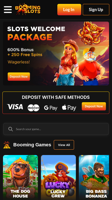 Page d’accueil mobile de BoomingSlots Casino