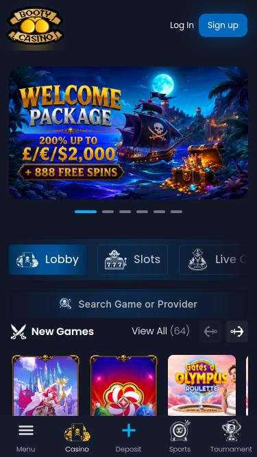 Booty Casino mobile Homepage