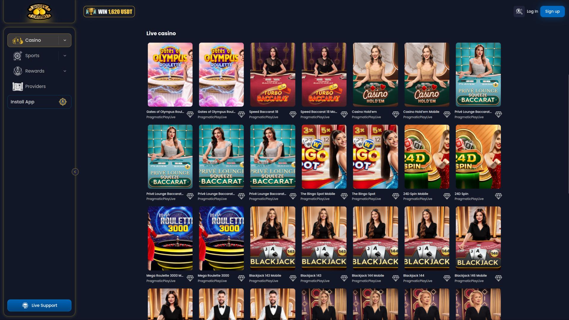 Booty Casino Live-Dealer-Seite