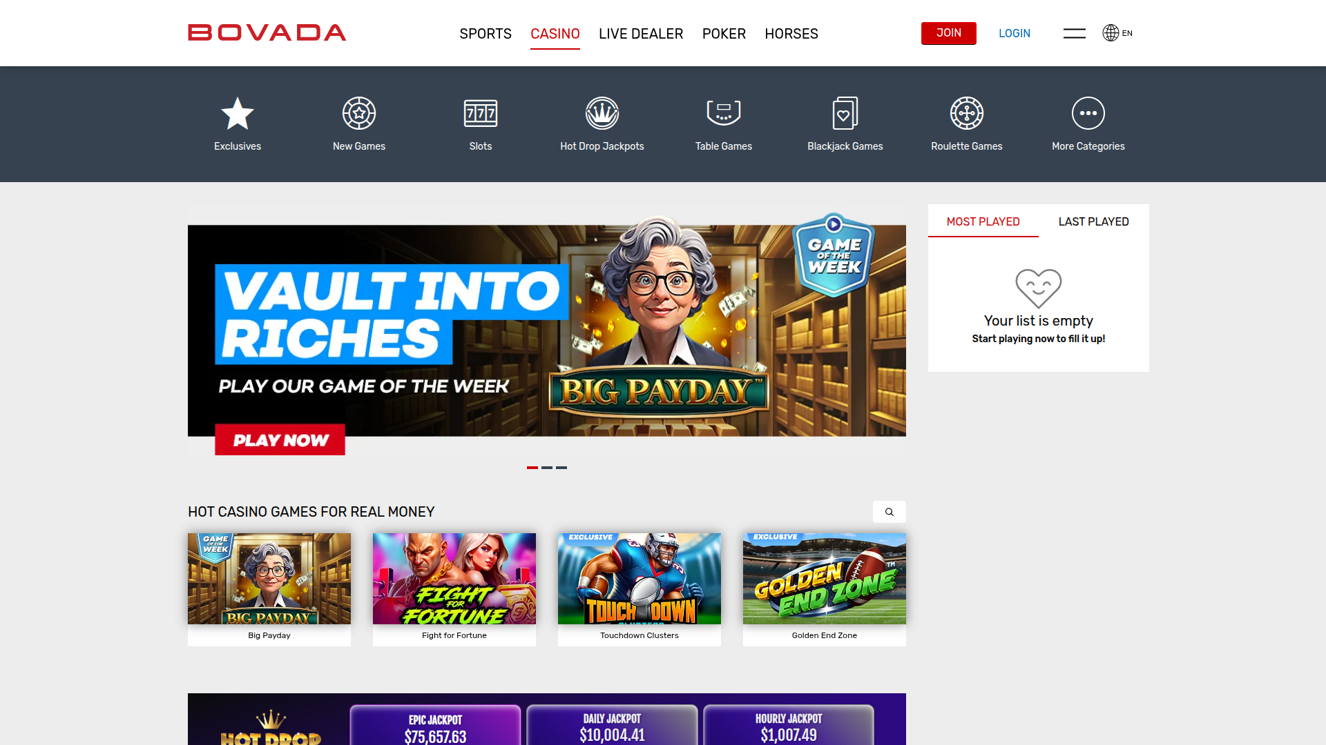 Homepage desktop di Bovada Casino