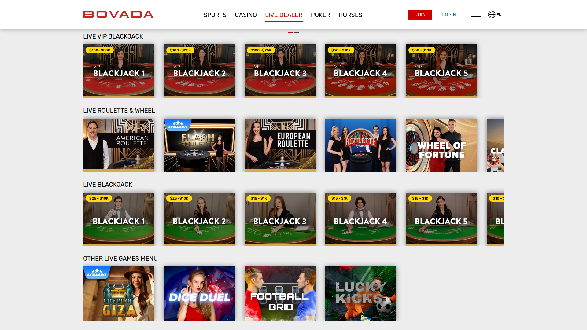 Live dealer desktop di Bovada Casino