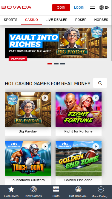 Homepage mobile di Bovada Casino