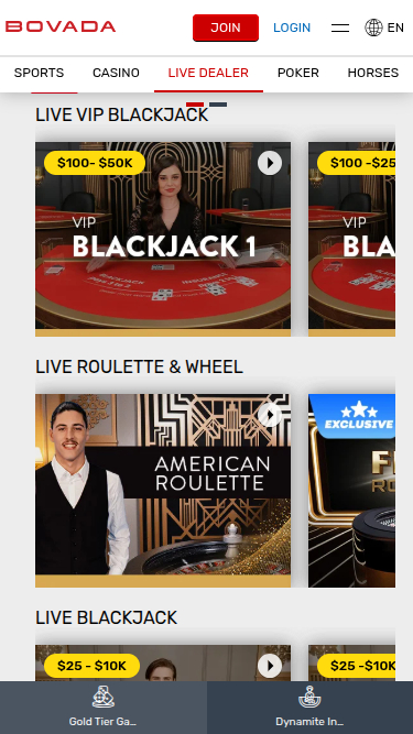 Live dealer mobile di Bovada Casino