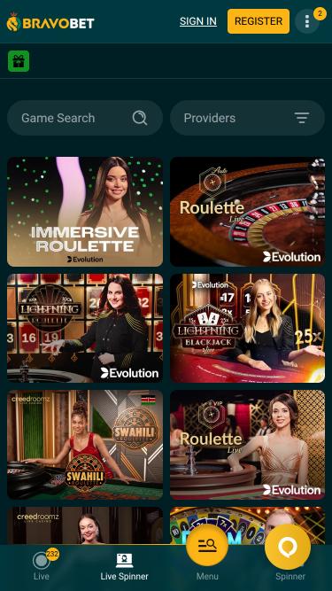 Мобильная страница казино BravoBet с живыми дилерами