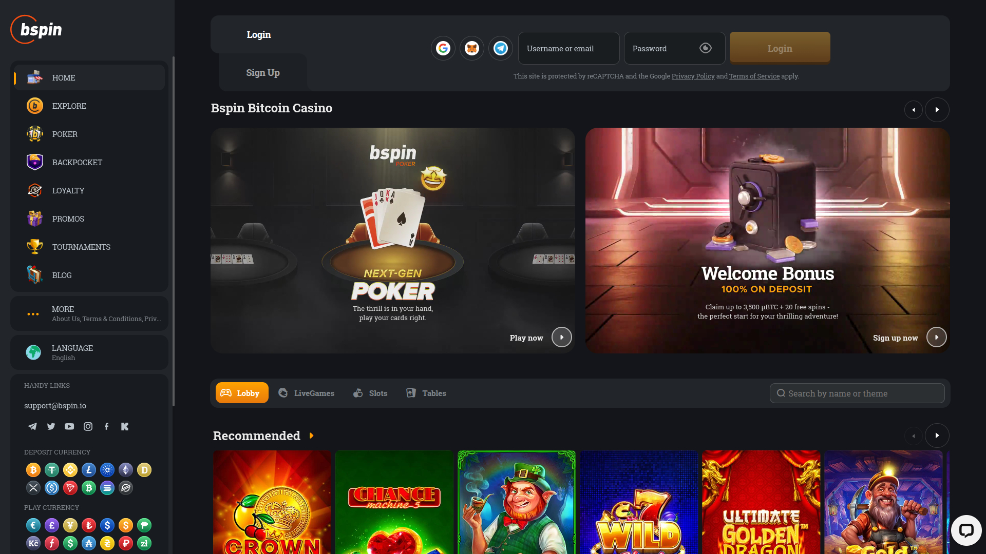 Page d'accueil de bureau de Bspin.io Casino