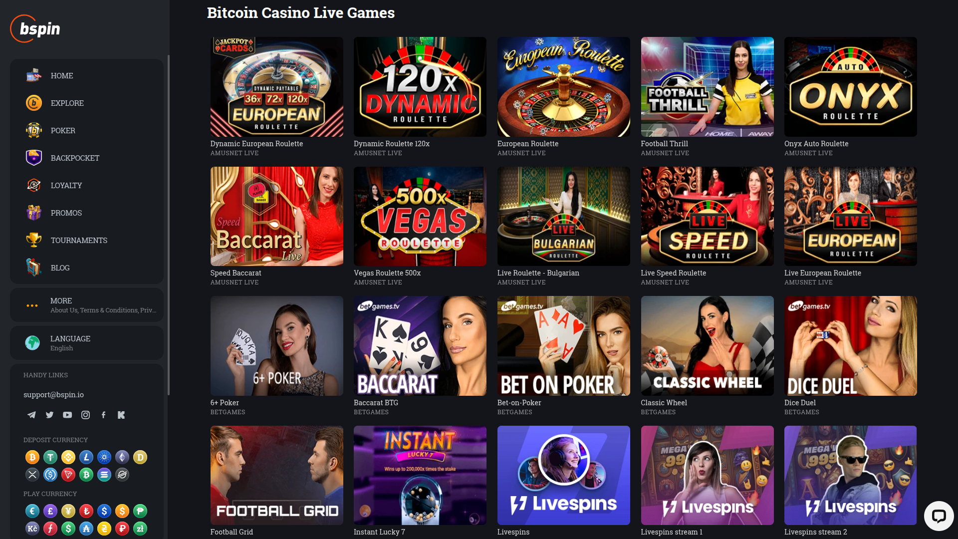 Croupier en direct sur bureau de Bspin.io Casino