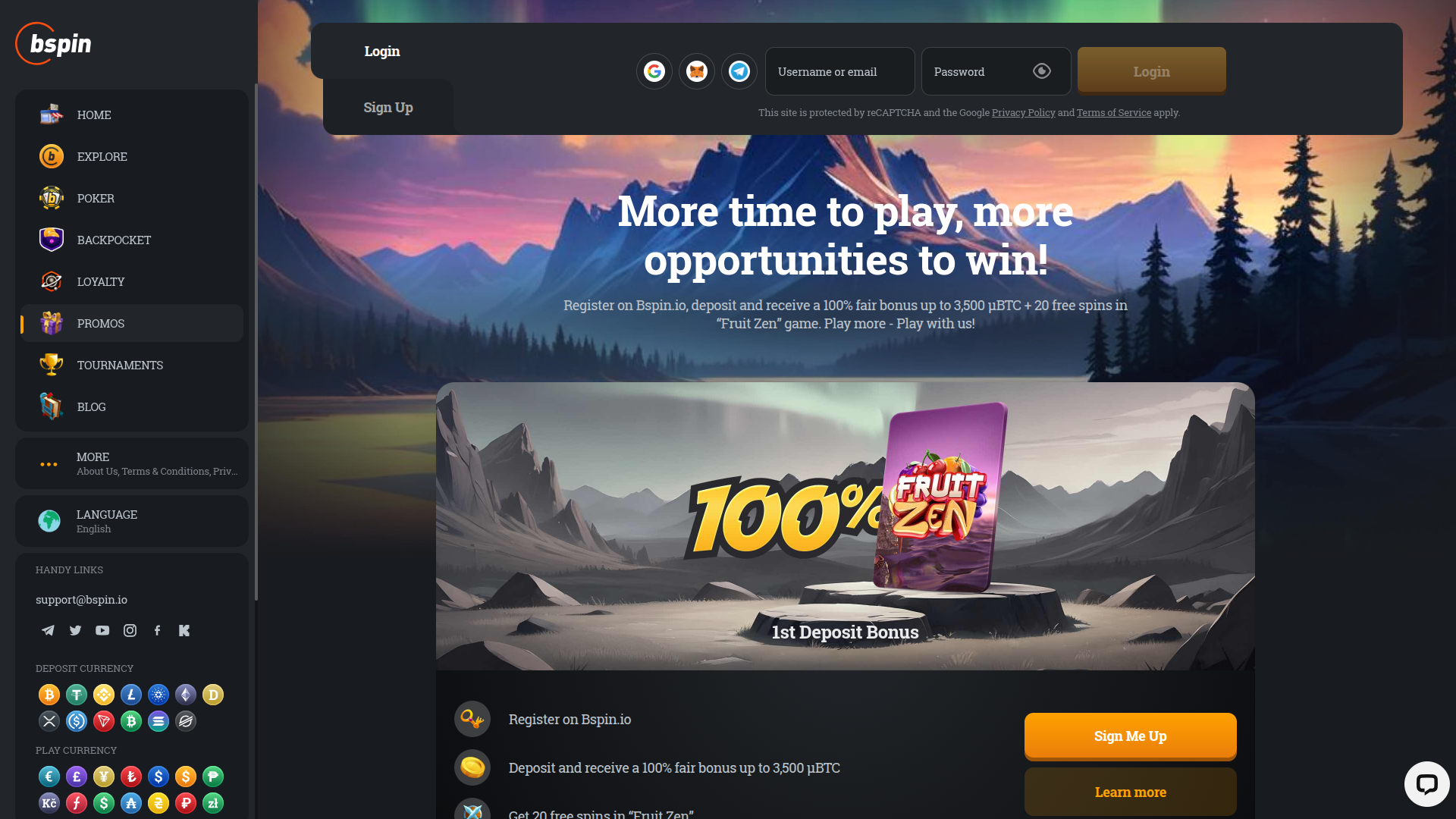 Promotions de bureau de Bspin.io Casino
