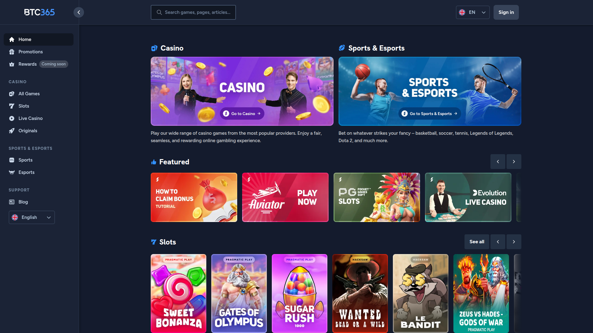 Page d'accueil de bureau de BTC365 Casino