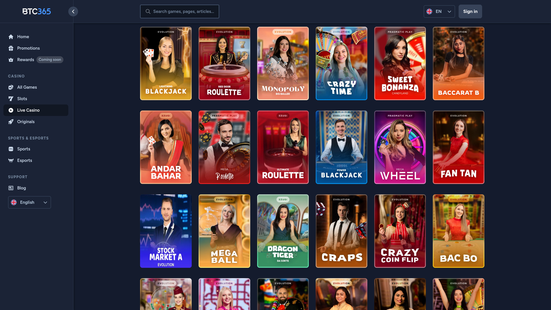 Croupier en direct sur bureau de BTC365 Casino