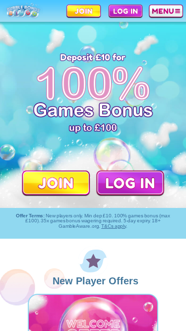 Homepage mobile di Bubble Bonus Bingo