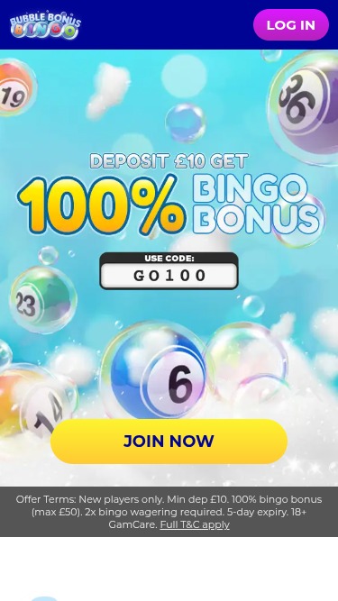 Page d'accueil mobile de Bubble Bonus Bingo