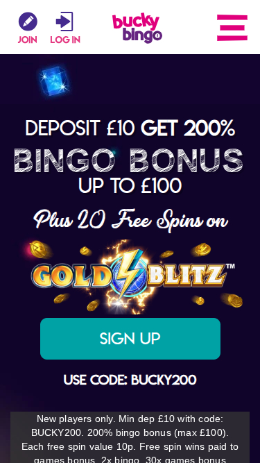 Page d'accueil mobile de Bucky Bingo