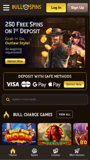 Bull Spins Casino Mobile Homepage