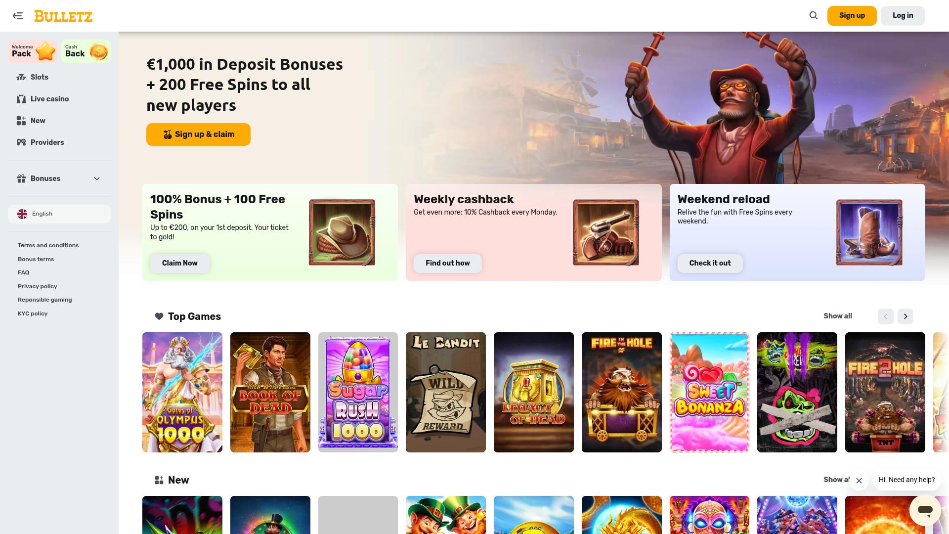 Página de inicio de escritorio de Bulletz Casino