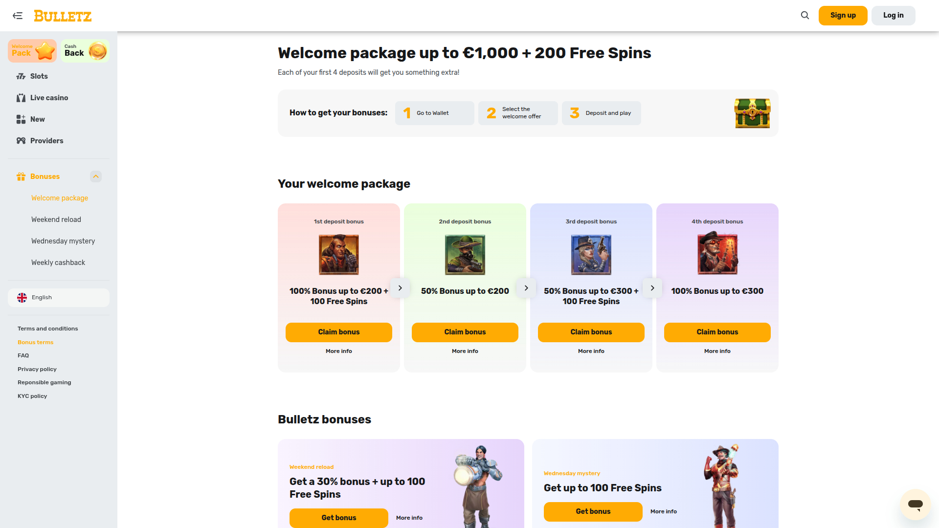 Promociones de escritorio de Bulletz Casino