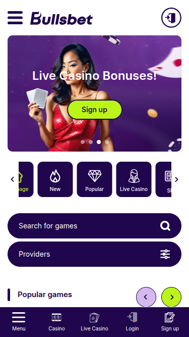 Página principal de Bullsbet Casino para móvil