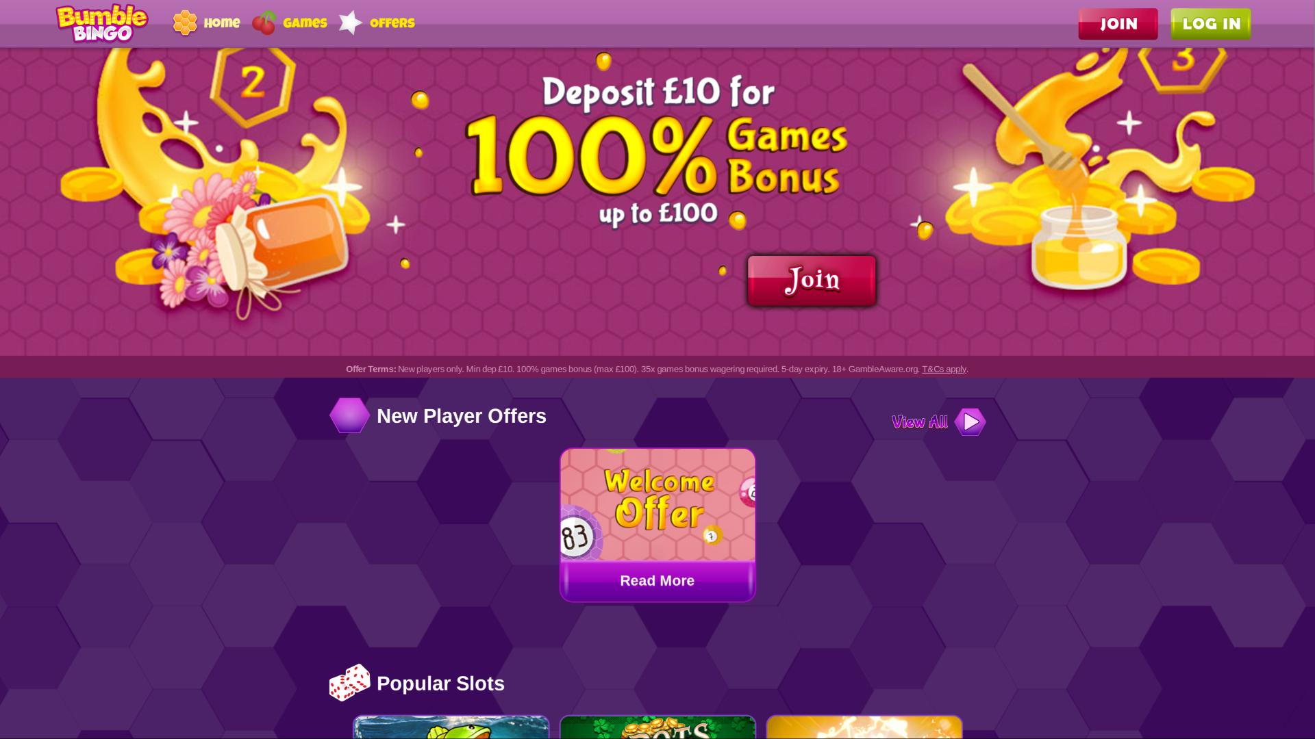 Pagina iniziale di Bumble Bingo per desktop