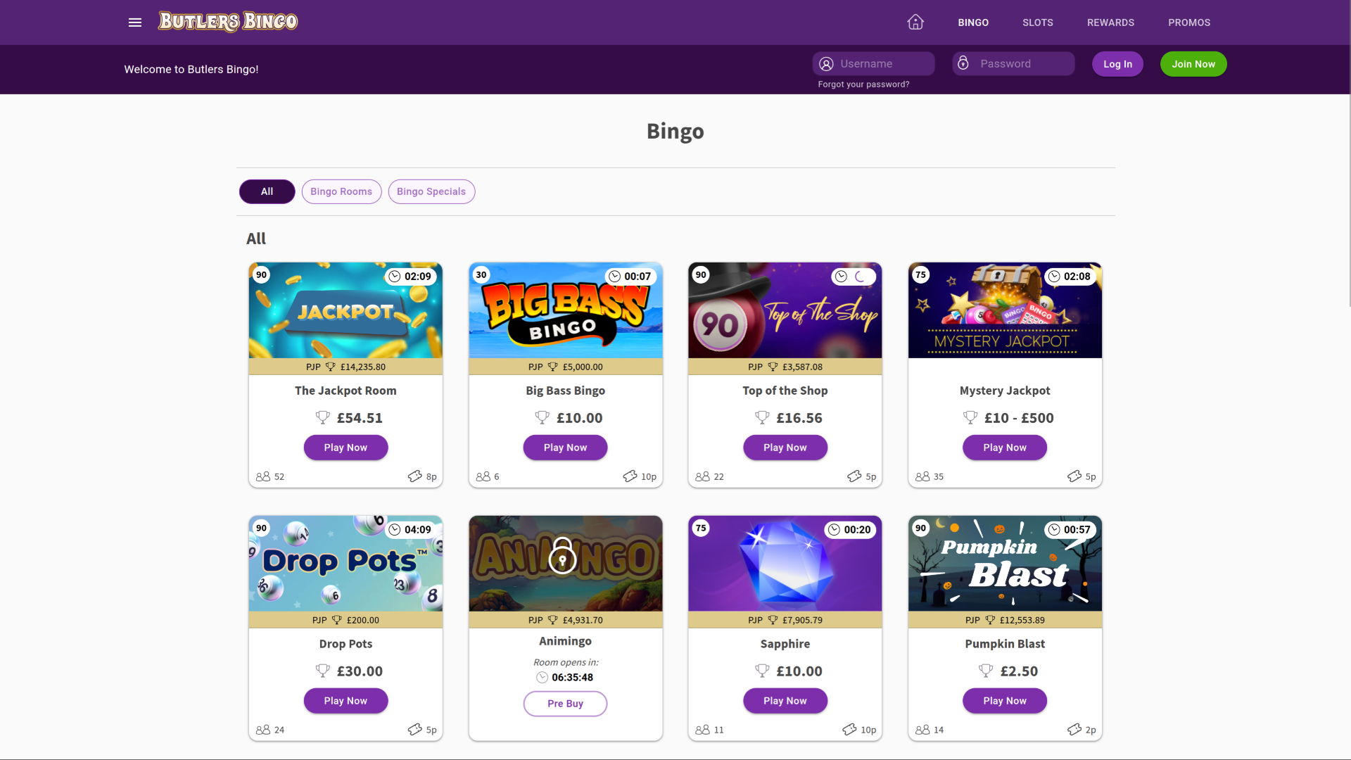 Bingo de Butlers Bingo pour ordinateur de bureau