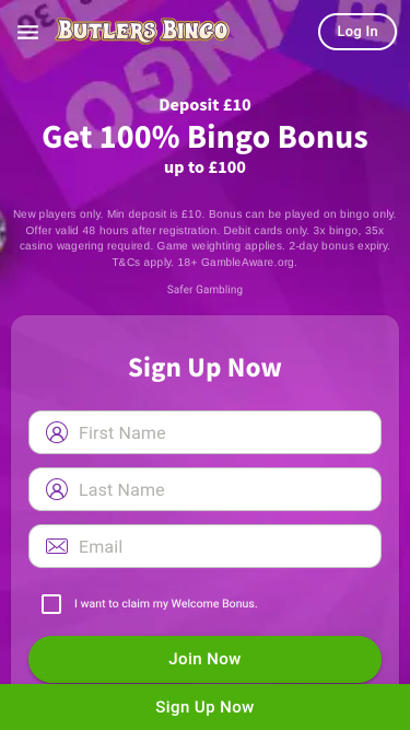 Page d'accueil mobile de Butlers Bingo