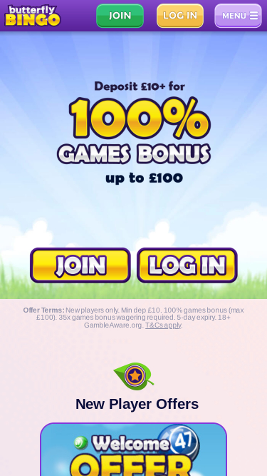Главная страница Butterfly Bingo для мобильных устройств