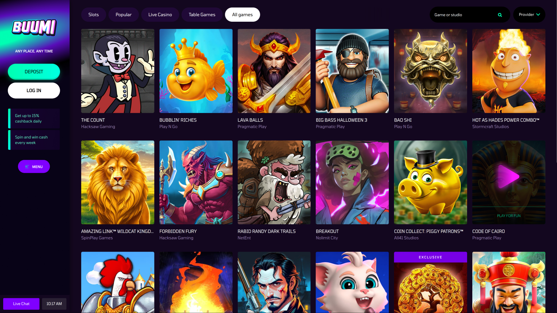 Buumi Casino Desktop-Spiele