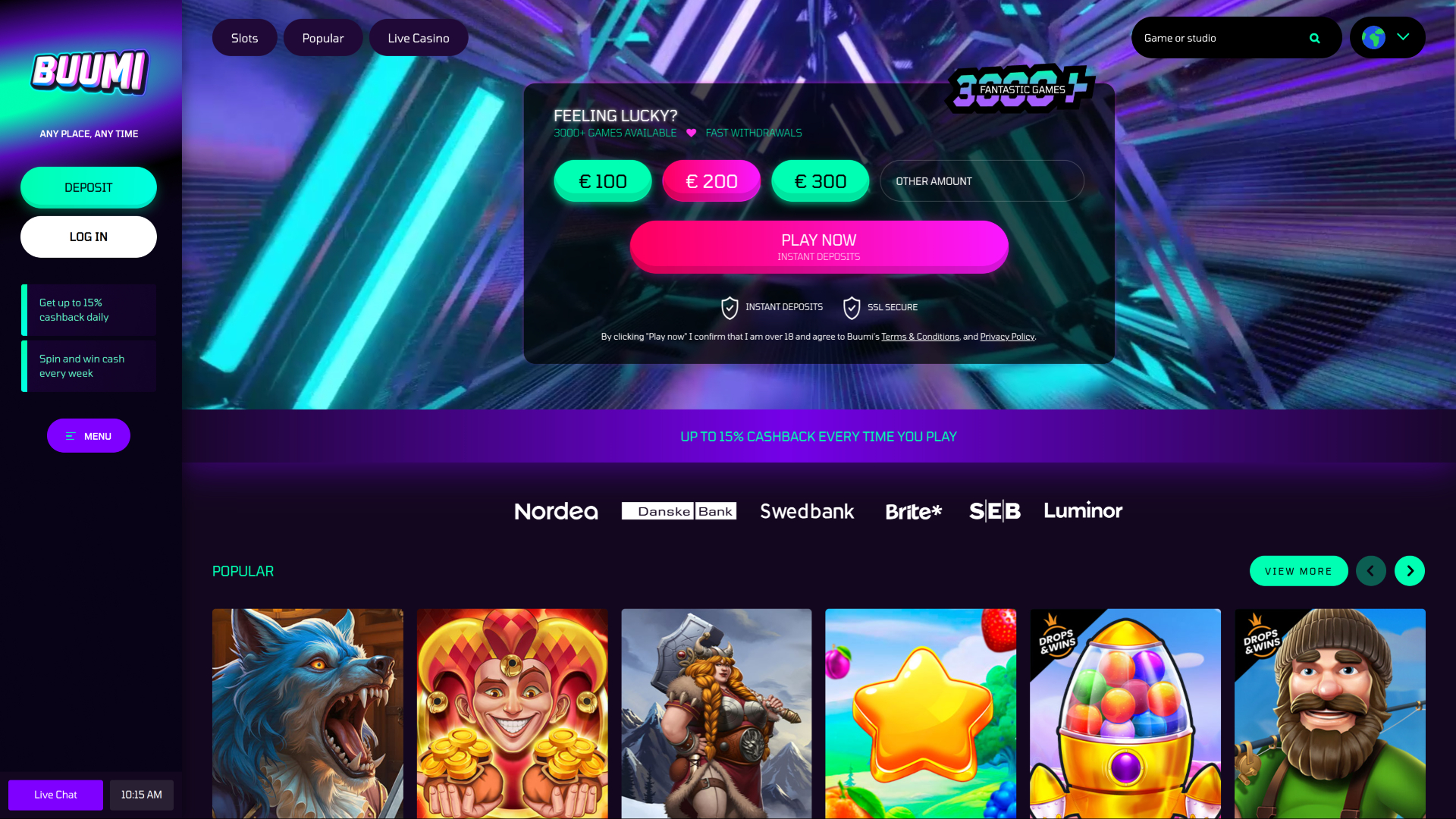 Buumi Casino Desktop-Startseite