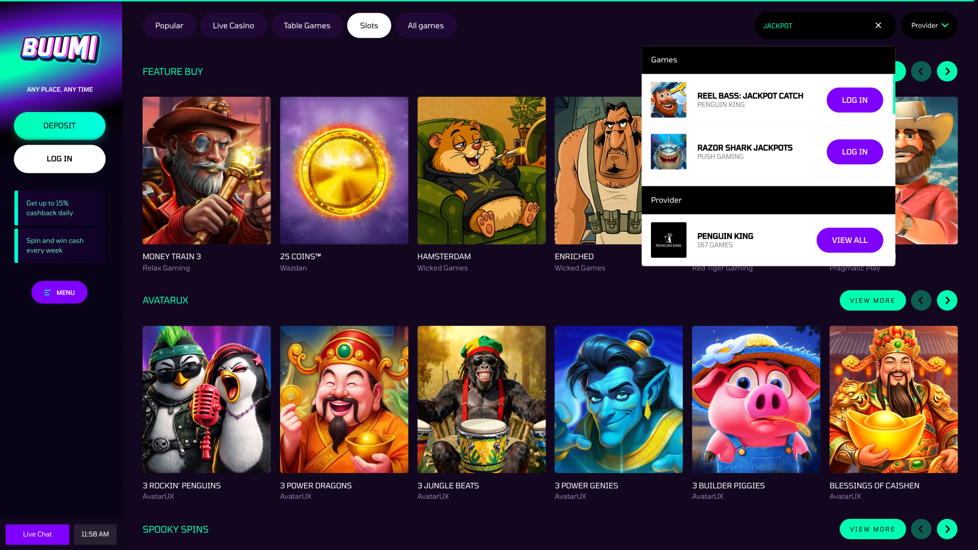 Jackpot de casino en vivo para escritorio