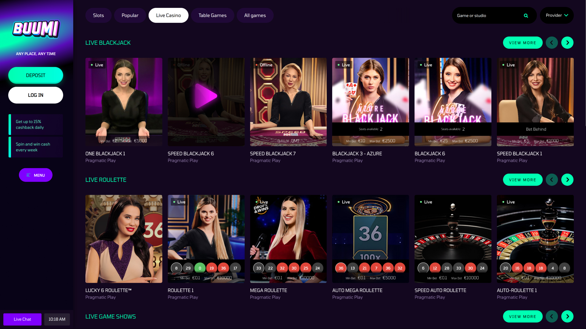 Buumi Casino Desktop-Live-Dealer