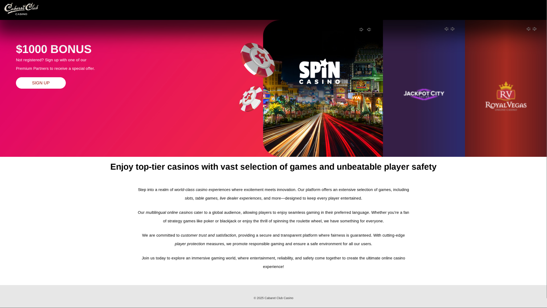 Page d’accueil de Cabaret Club Casino sur ordinateur