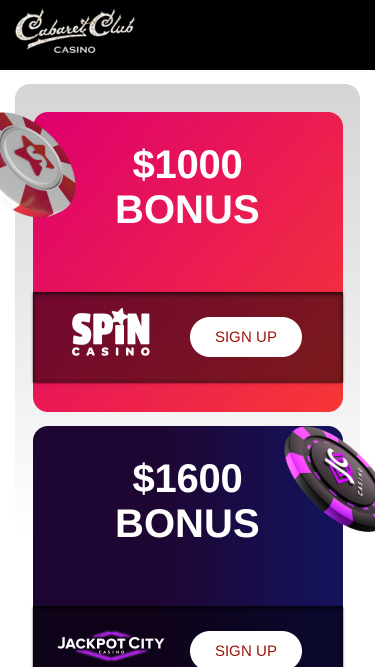 Page d’accueil mobile de Cabaret Club Casino