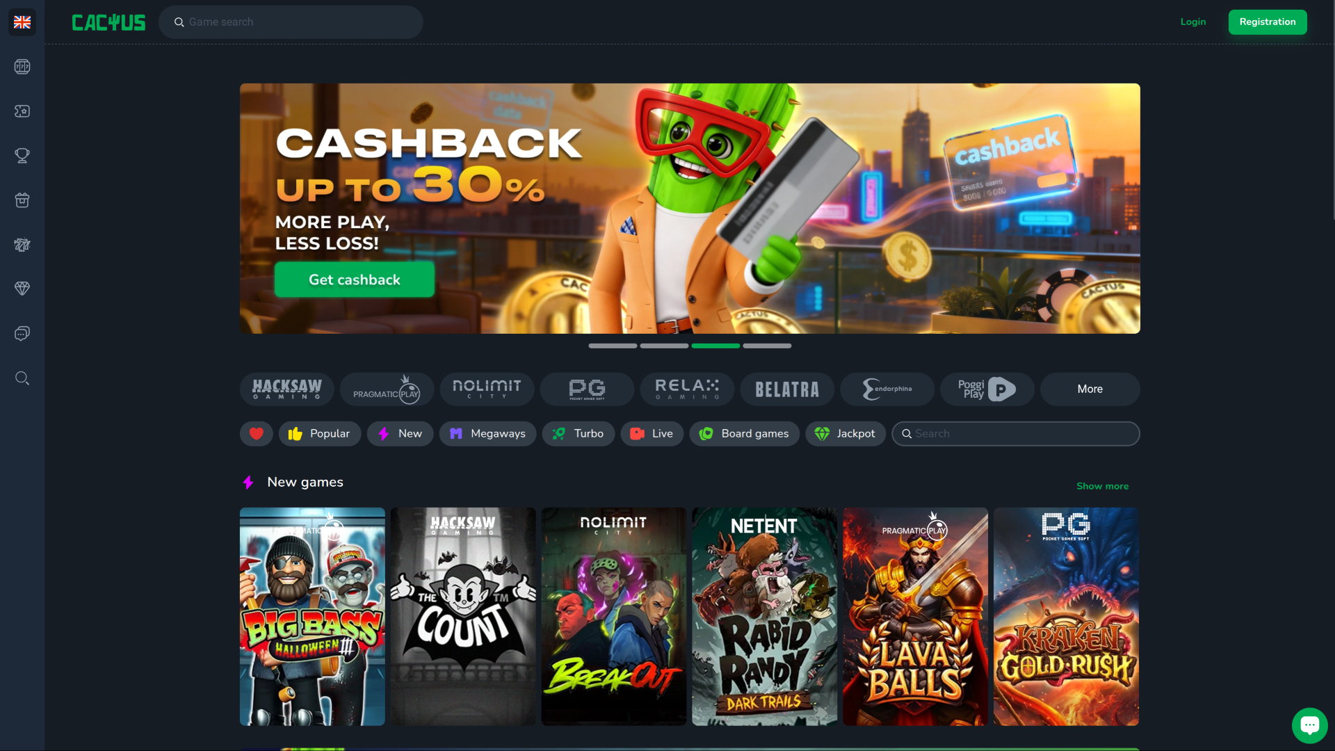 Page d’accueil de Cactus Casino pour ordinateur