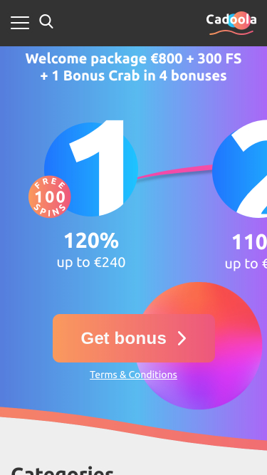 Page d’accueil mobile de Cadoola Casino