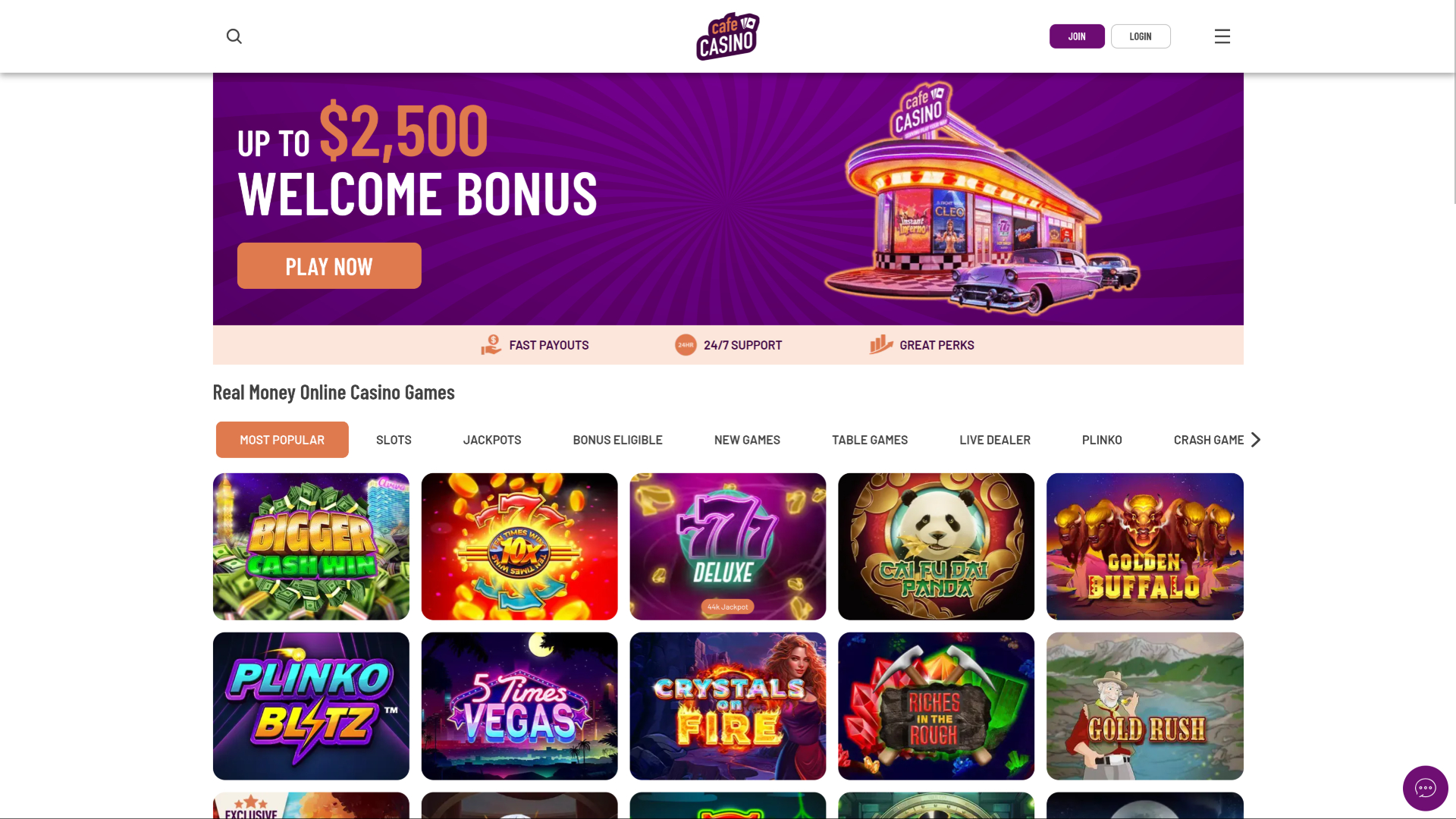 Page d’accueil de Cafe Casino pour ordinateur de bureau