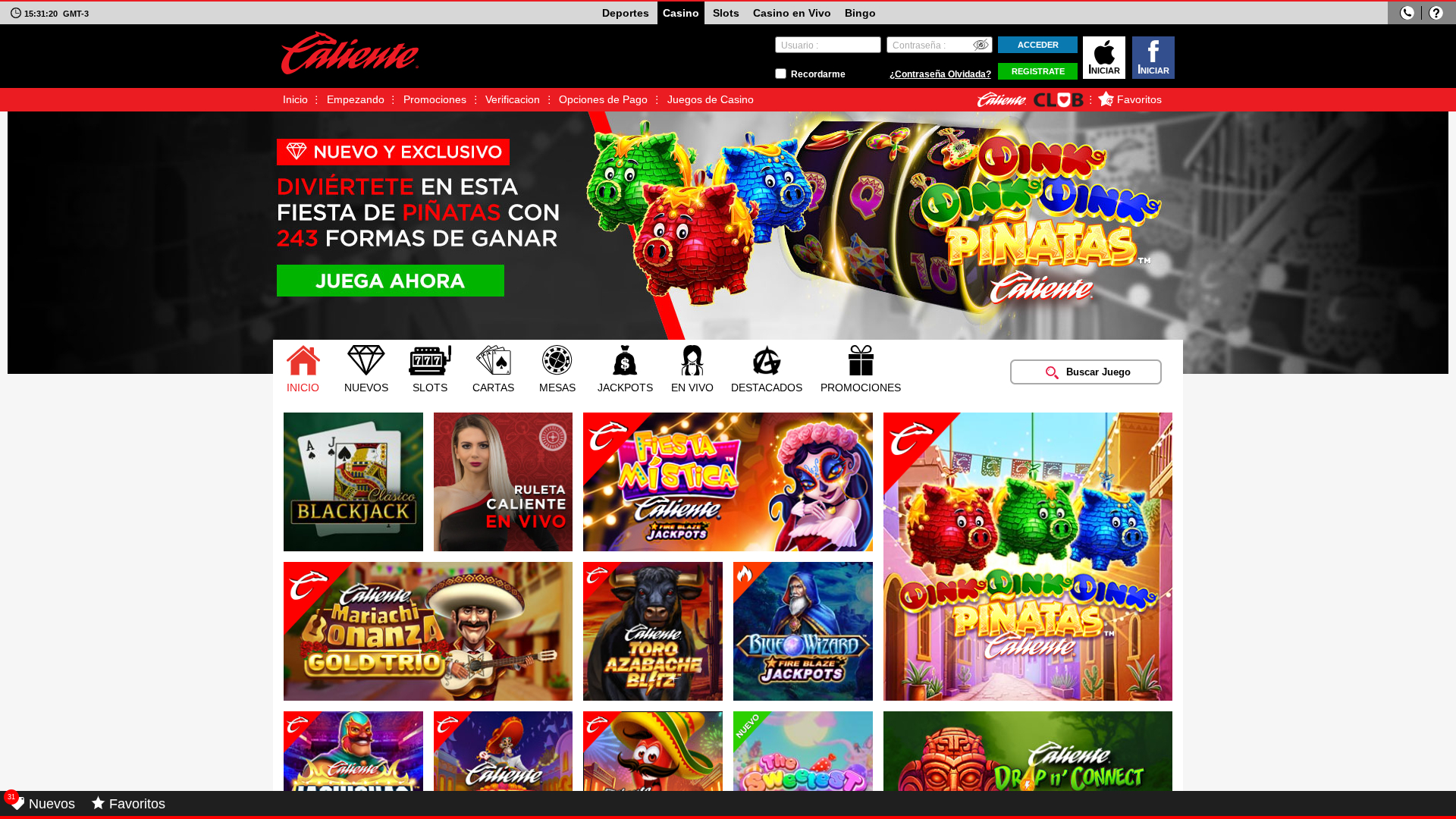 Caliente Casino Bureau Page d’accueil