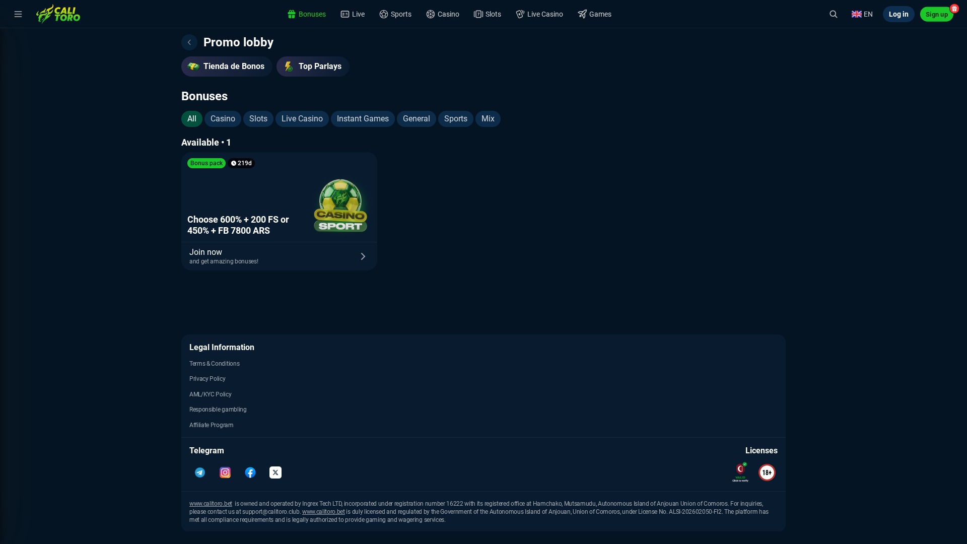 Promociones del Casino Calitoro para escritorio