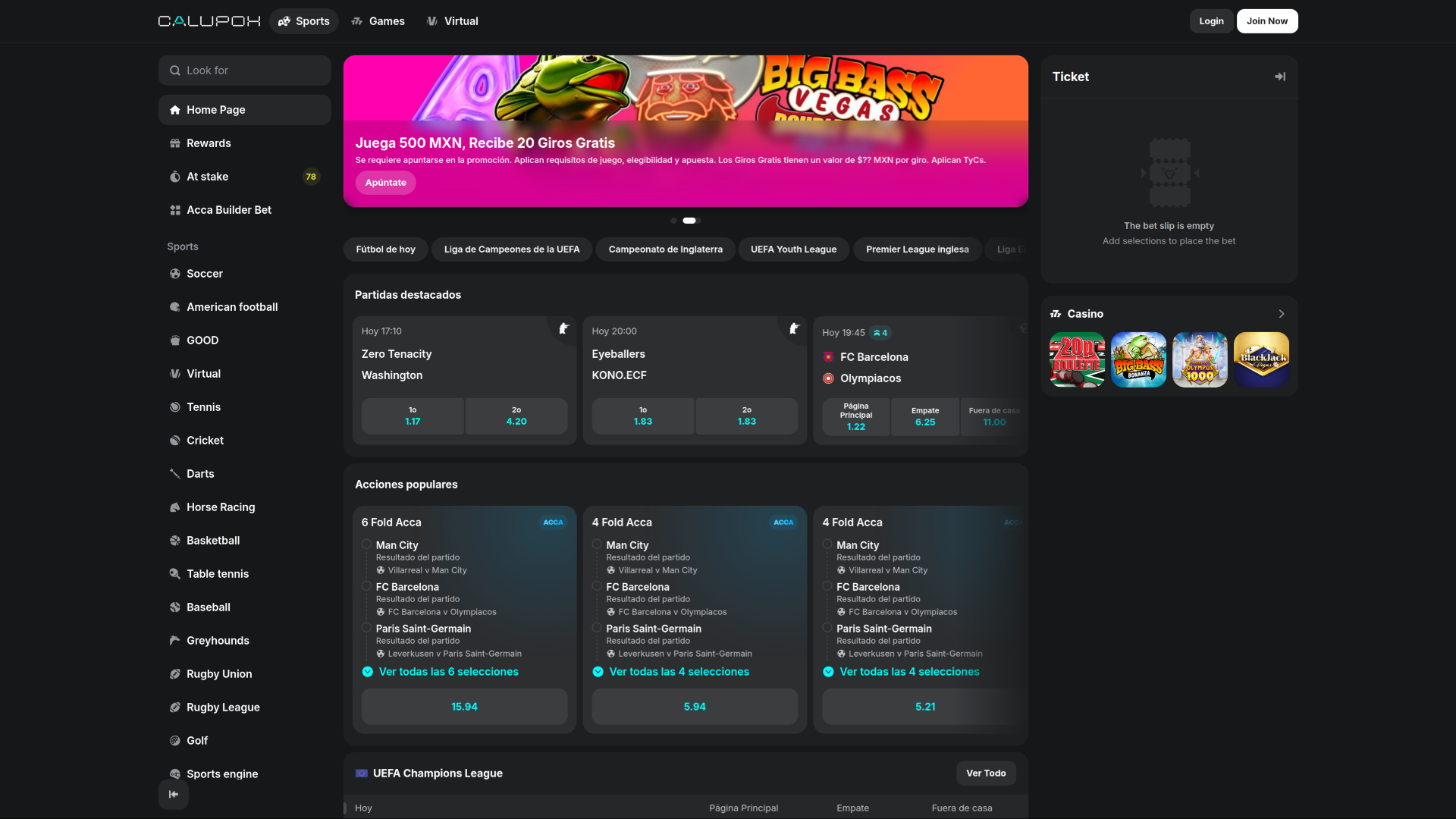 Page d’accueil de Calupoh Casino sur ordinateur