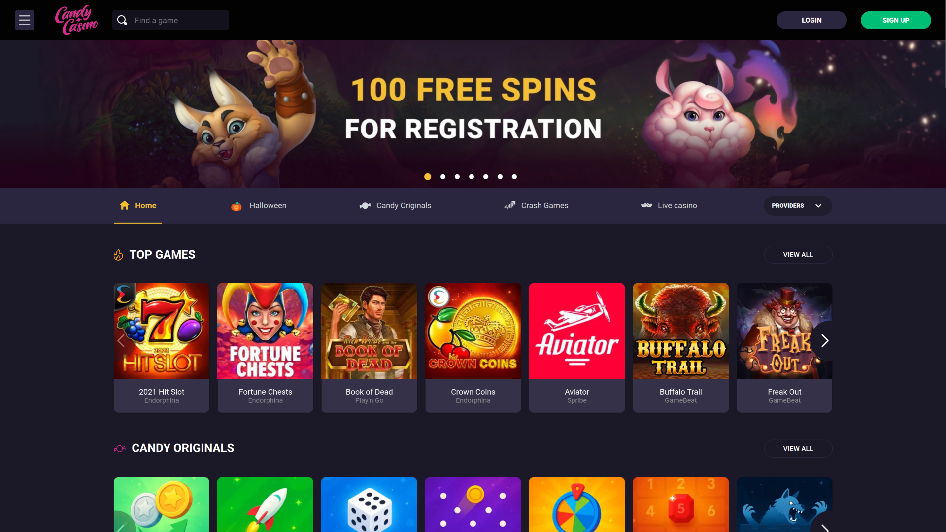 Pagina principale di Candy Casino per desktop