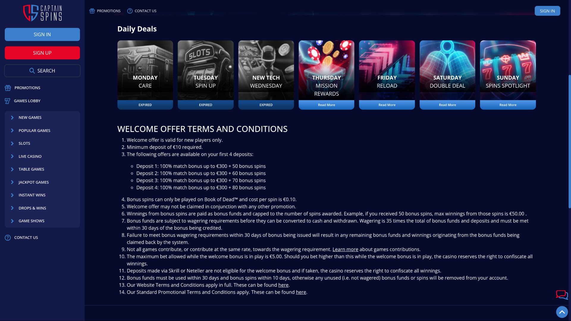 Promotions de Bureau du Casino Captain Spins