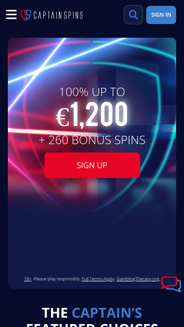 Page d'Accueil Mobile du Casino Captain Spins