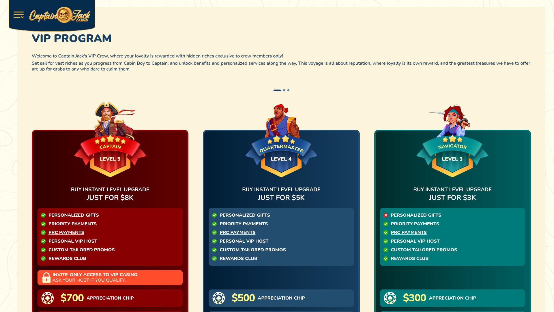 Captain Jack Casino Desktop VIP Program