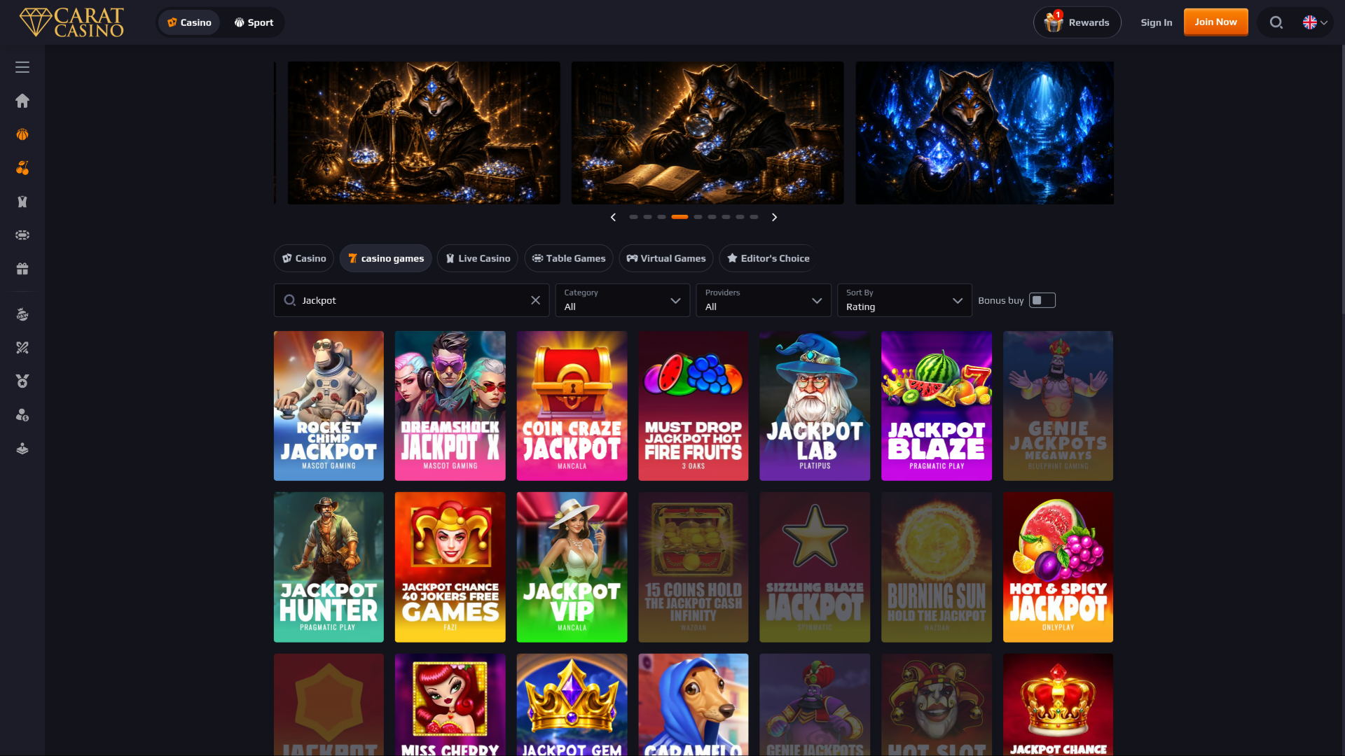 Джекпот CaratCasino для настольных компьютеров