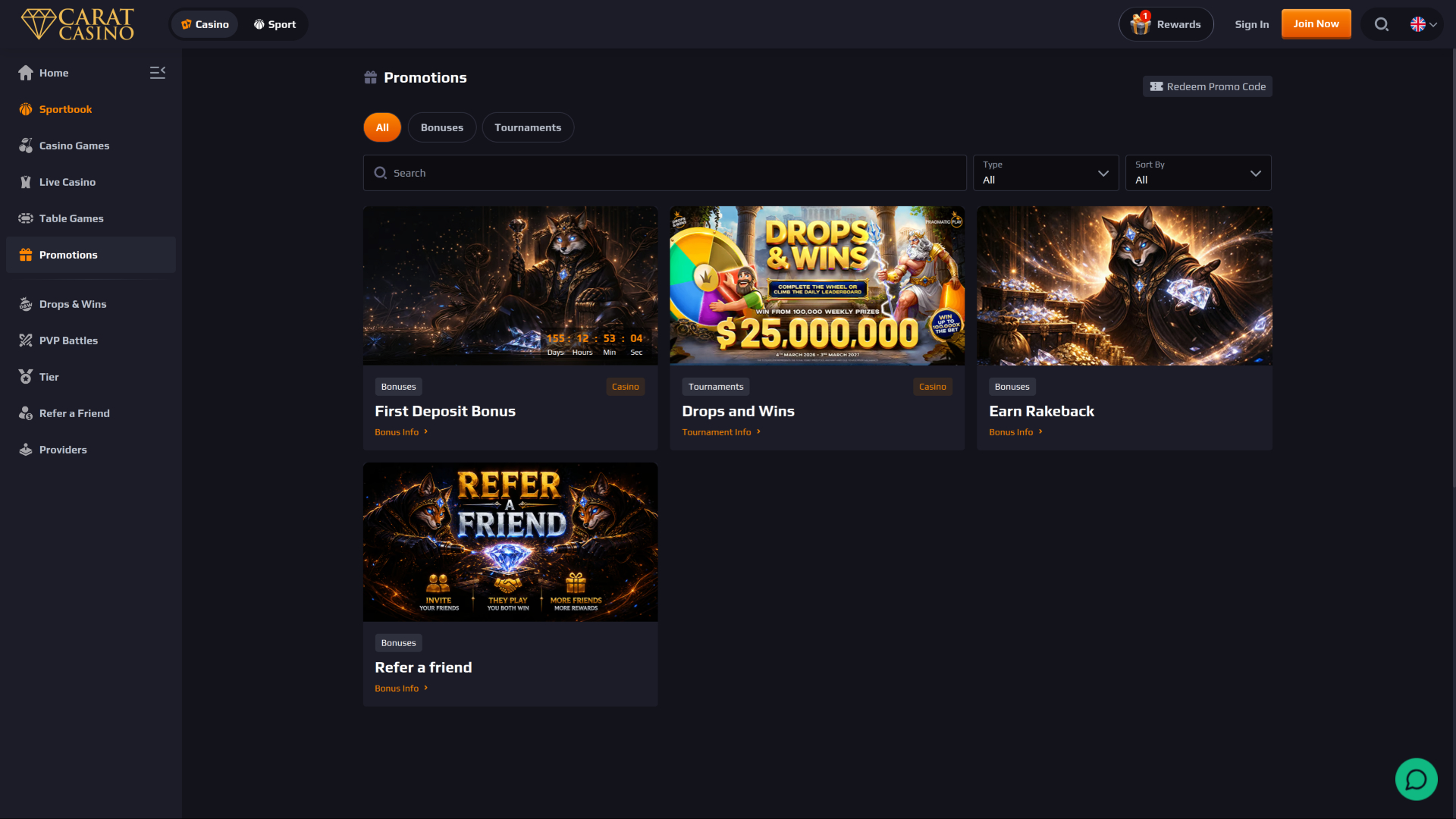 Promozioni desktop del casinò CaratCasino