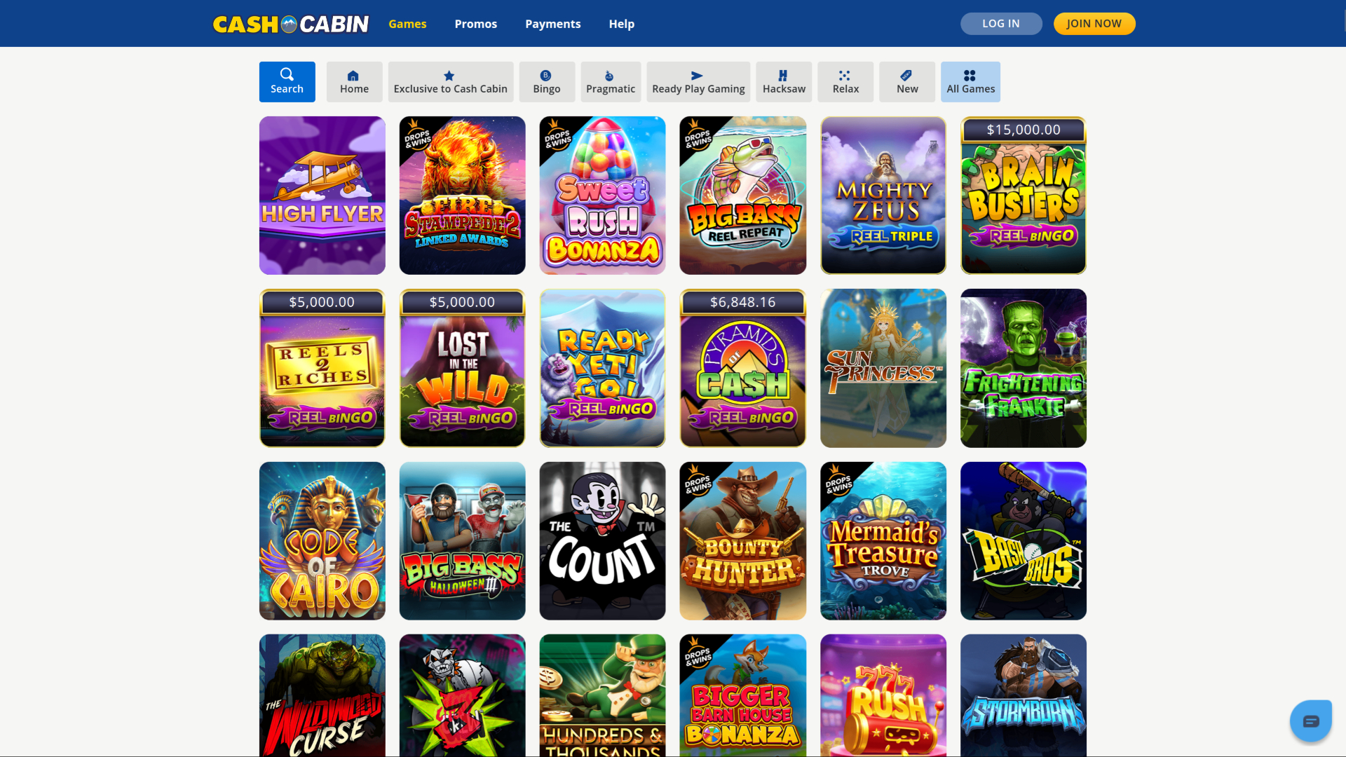 Jeux de Cash Cabin Casino sur ordinateur de bureau