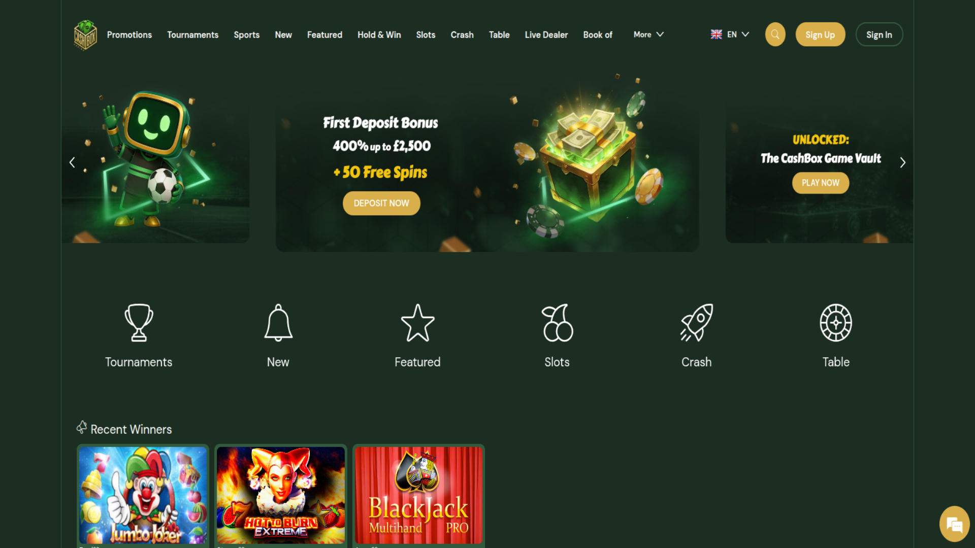 Скриншот главной страницы Cashbox Casino для настольных компьютеров