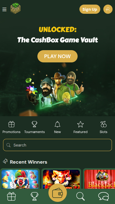 Скриншот главной страницы Cashbox Casino для мобильных устройств