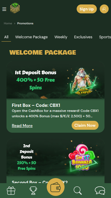 Скриншот рекламных акций Cashbox Casino для мобильных устройств