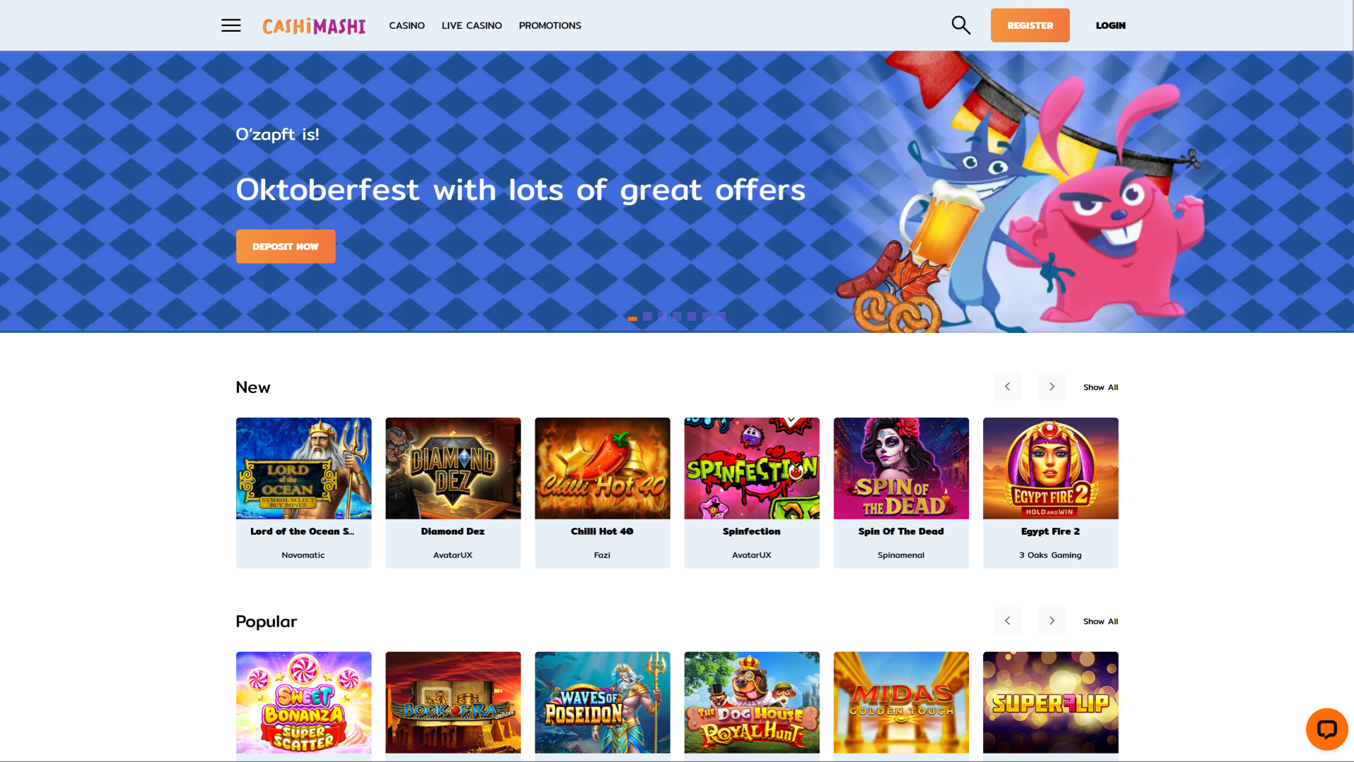 Pagina principale di Cashimashi Casino per desktop