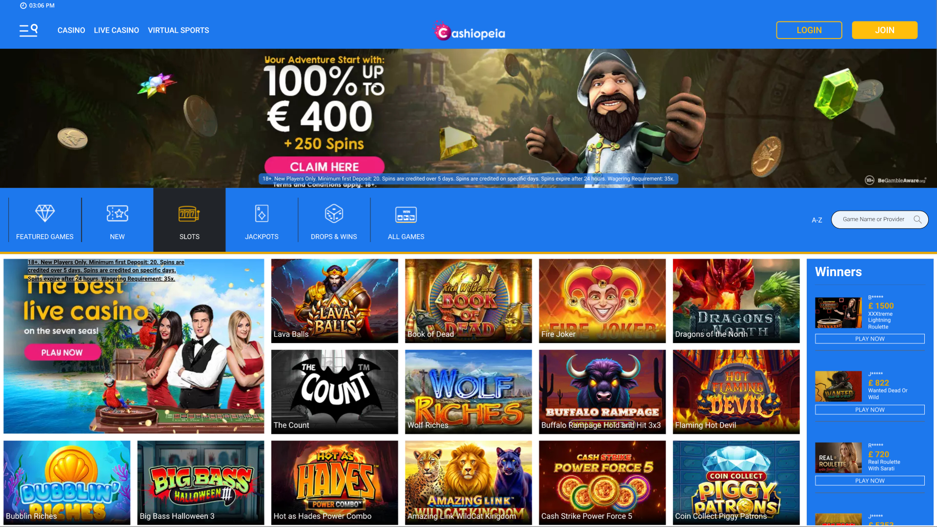 Jeux du casino Cashiopeia sur ordinateur